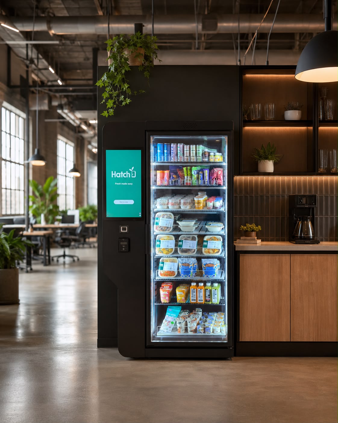 Hatch smart fridge installed in a characterful warehouse-style London office, beside a coffee station